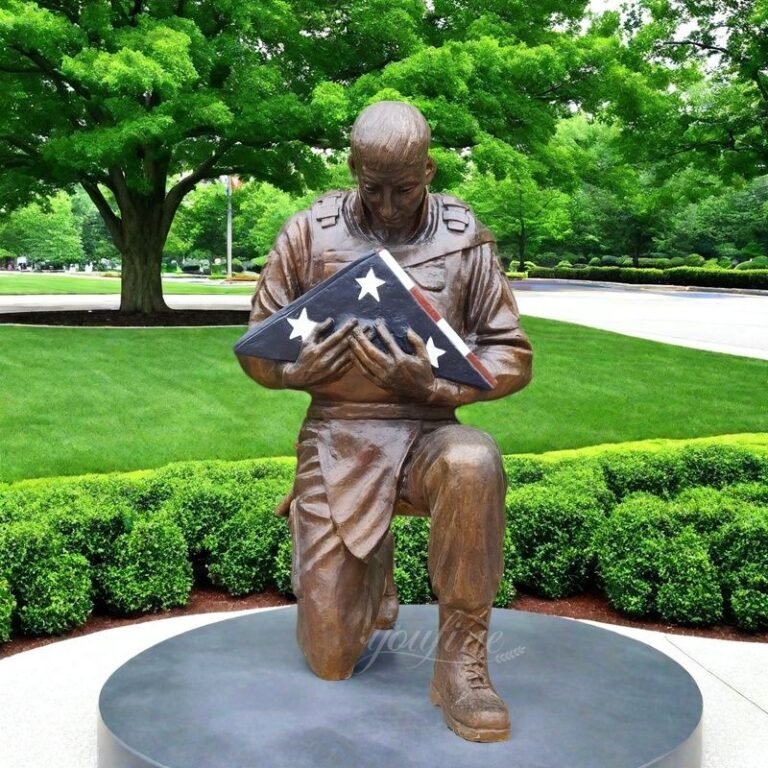 47 Inches Bronze Kneeling Soldier with a Folded Flag Statue for Outdoor Decor