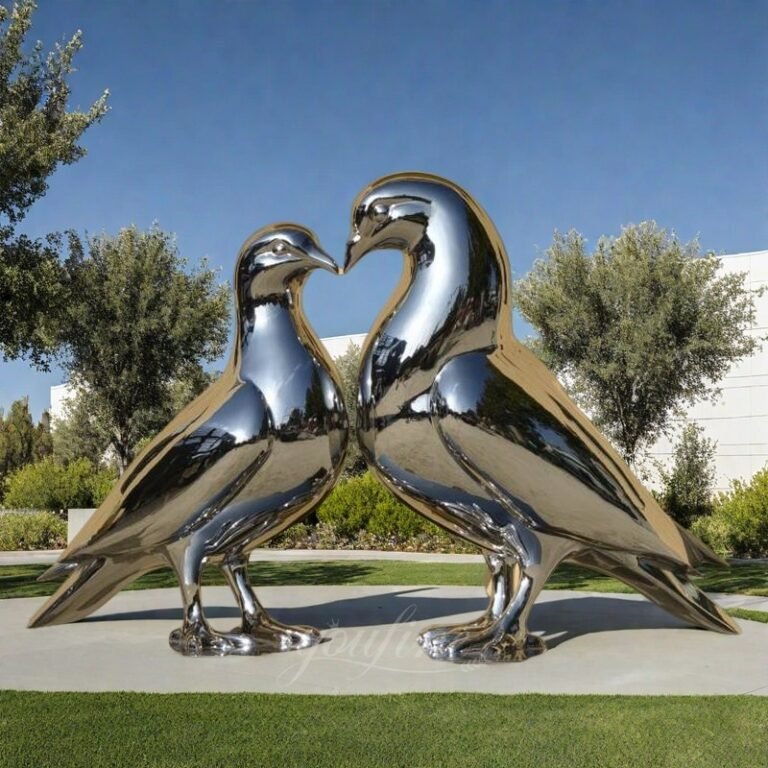 A Pair of Polished Stainless Steel Dove Sculpture for Outdoor Decor