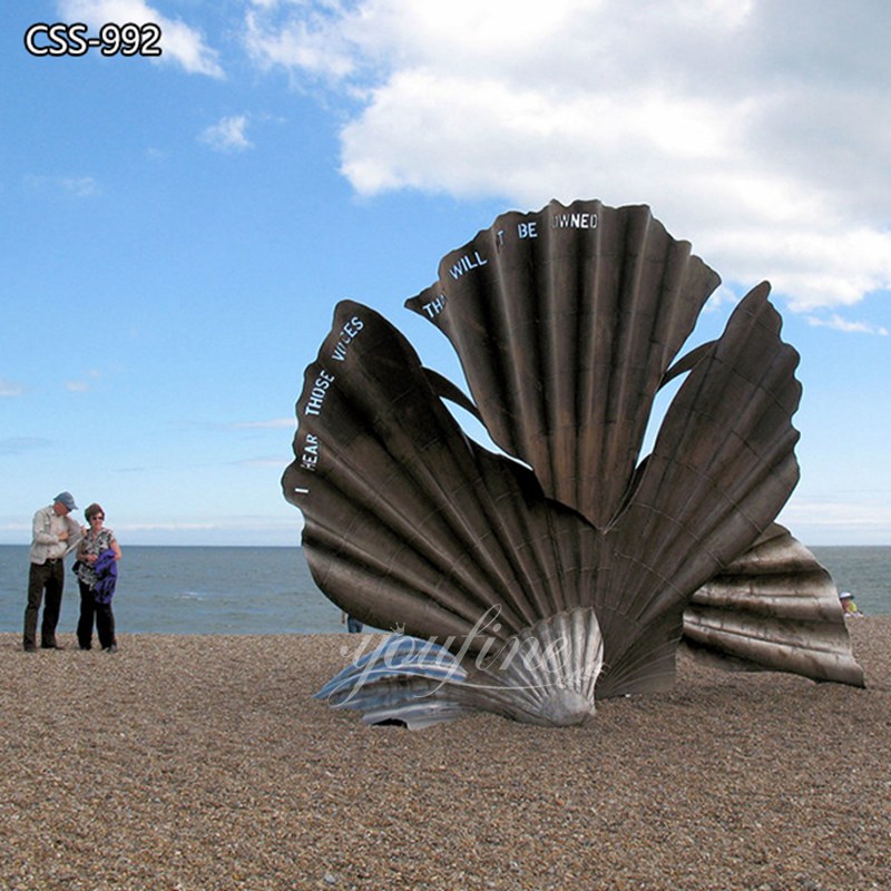 Abstract Stainless Steel Metal Shell Sculpture on Beach (1)