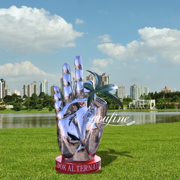 Big Stainless Steel Ok Hand Sculpture with Red Base