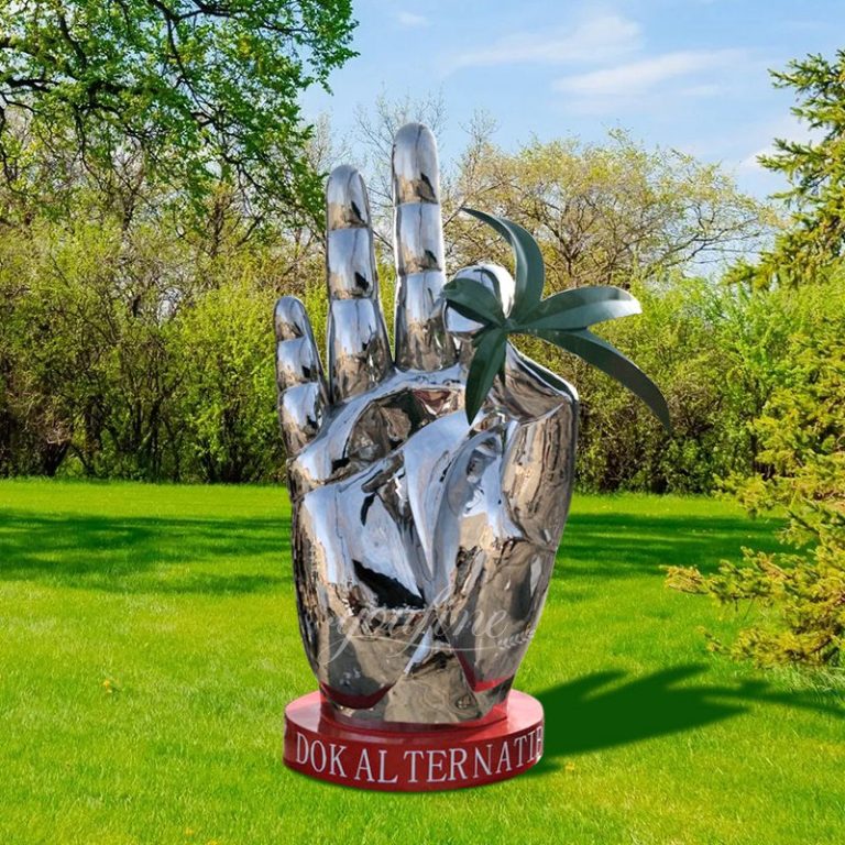 Big Stainless Steel Ok Hand Sculpture with Red Base