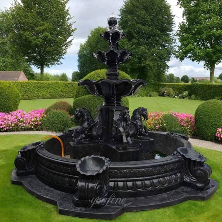 Black Marble Fountain with Horse Statue for Outdoor Garden Decor