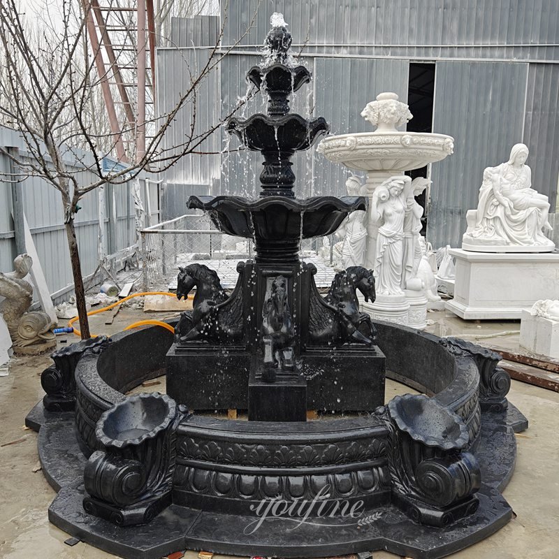 Black Marble Fountain with Pegasus Horse Statue