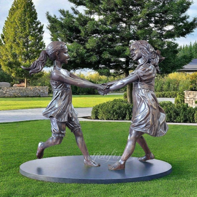 Bronze Girls Playing Hand-in-Hand Sculpture