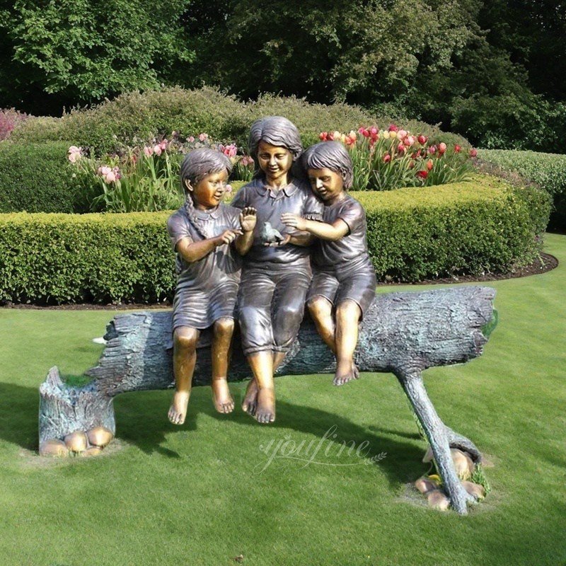 Bronze Girls Playing with Bird Sculpture