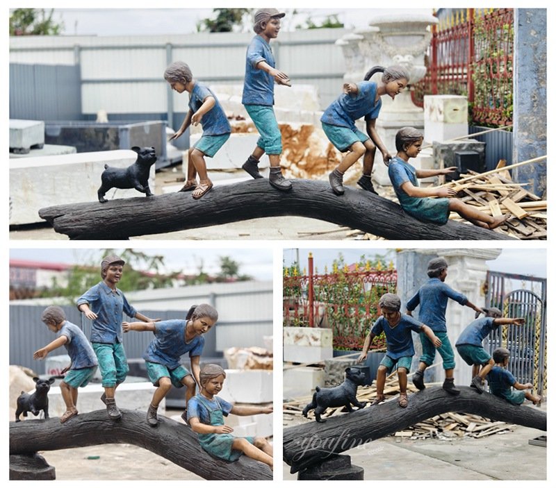 Bronze Kids and A Puppy Playing on A Trunk Sculpture