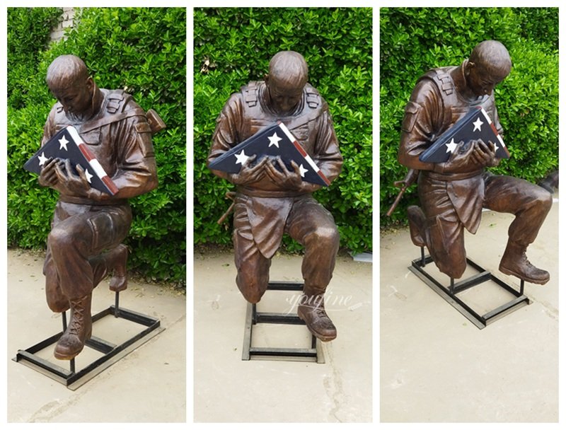 Bronze Kneeling Soldier with a Folded Flag Statue Details