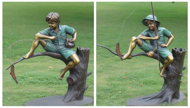 Bronze Little Boy Sitting on A Branch Fishing Sculpture