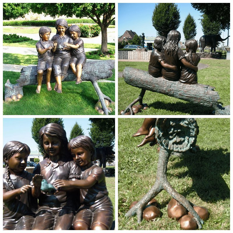 Bronze Little Girls Sitting on A Tree Trunk Sculpture Details