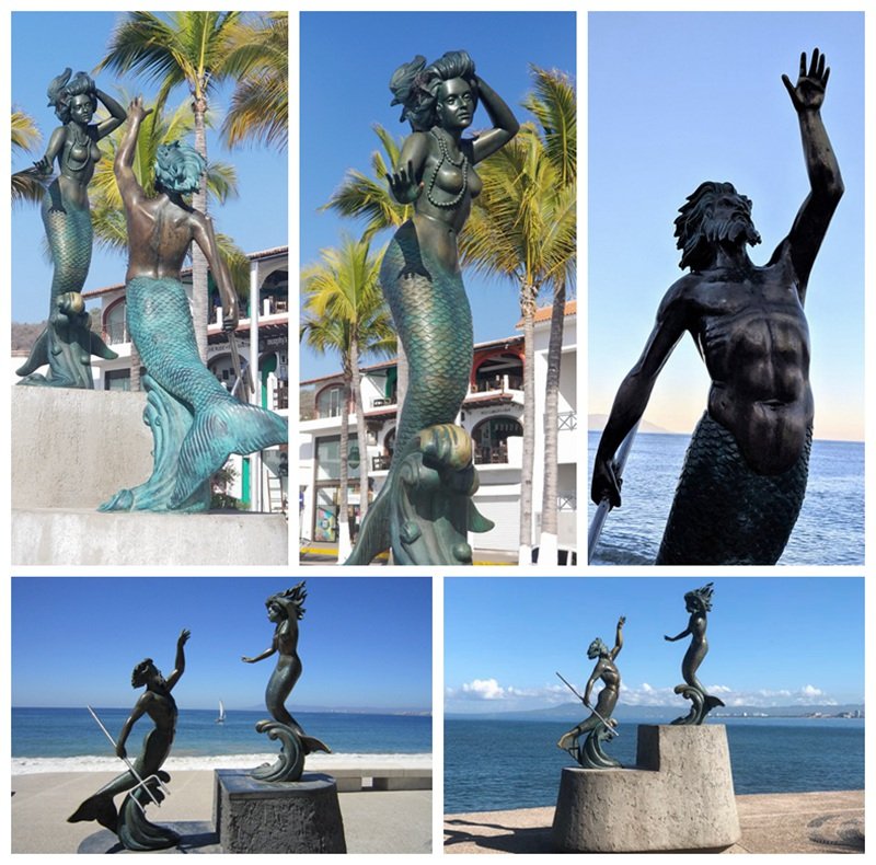 Bronze Mermaid and Merman Triton and Nereida Statue Details