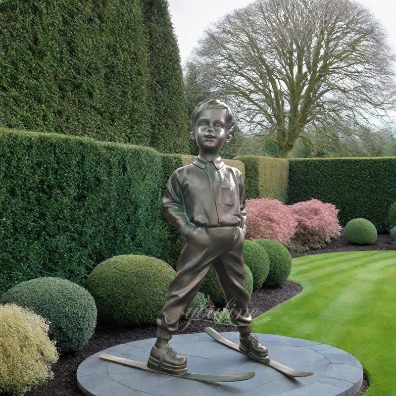 Bronze Sculpture of A Little Boy Skiing