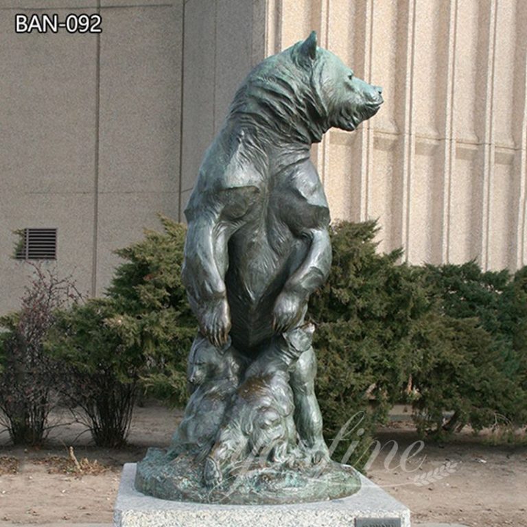 Bronze Standing Grizzly Bear Protecting Cubs Statue (1)
