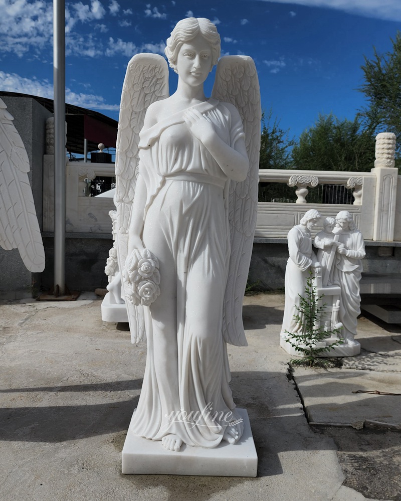 Catholic marble angel holding flowers statue