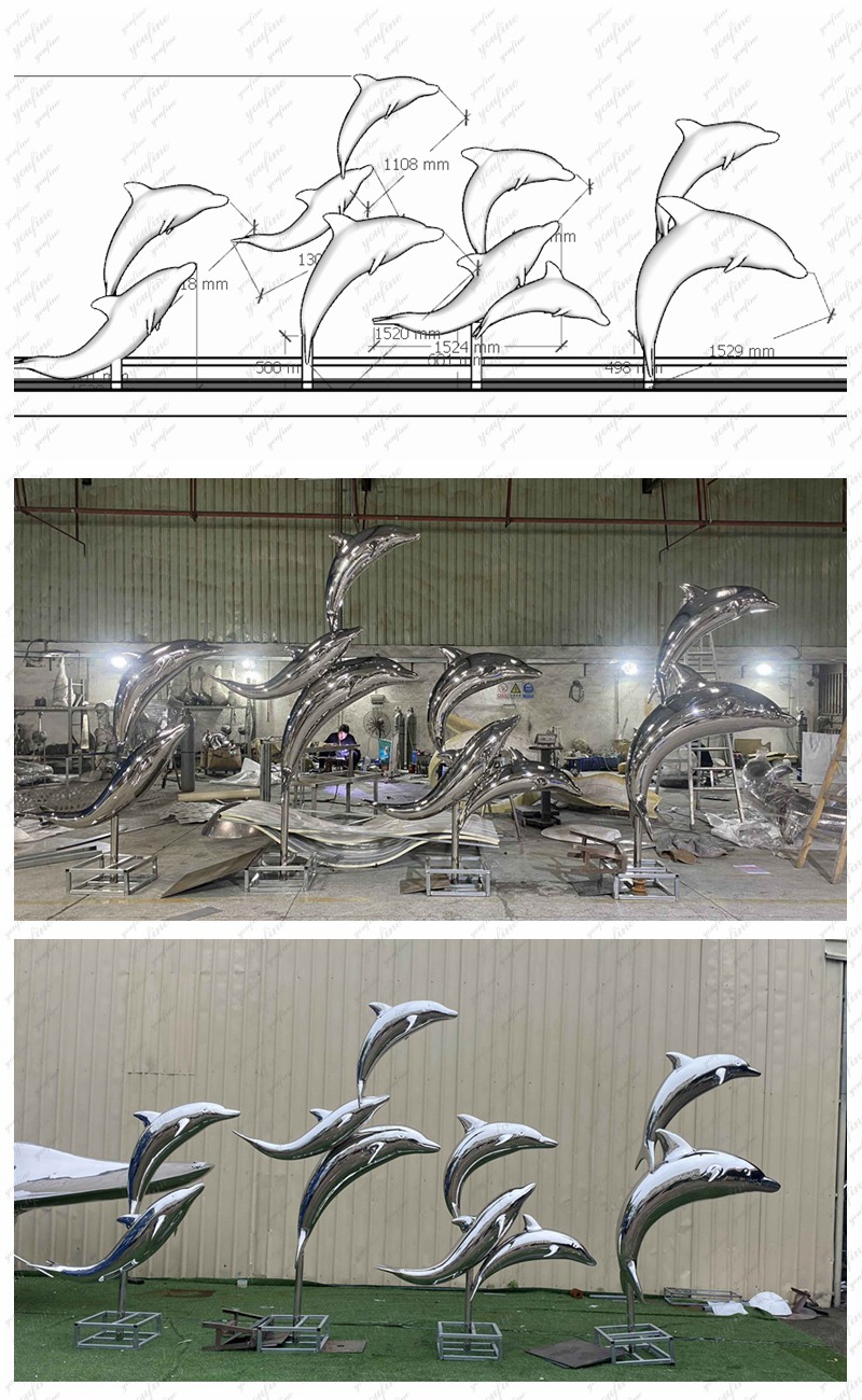 Customized stainless steel dolphin statues case display