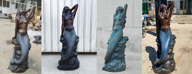 Different Colors of Bronze Mermaid on a Rock Statue