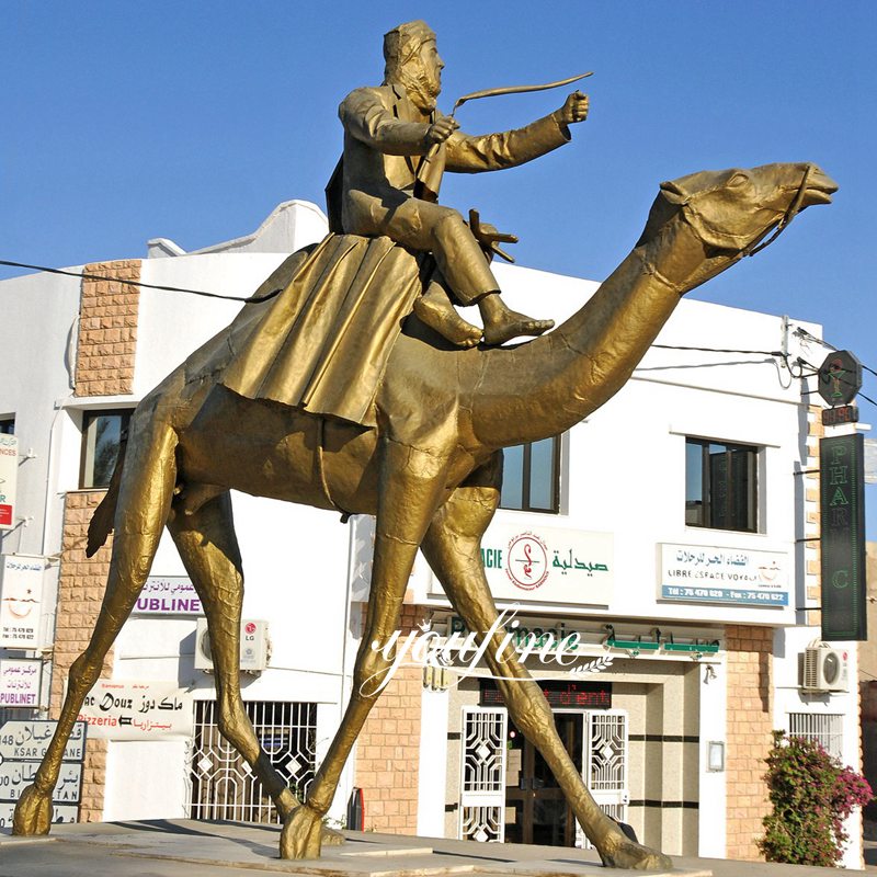 Golden Bronze Racing Camel with A Sitting Man Statue