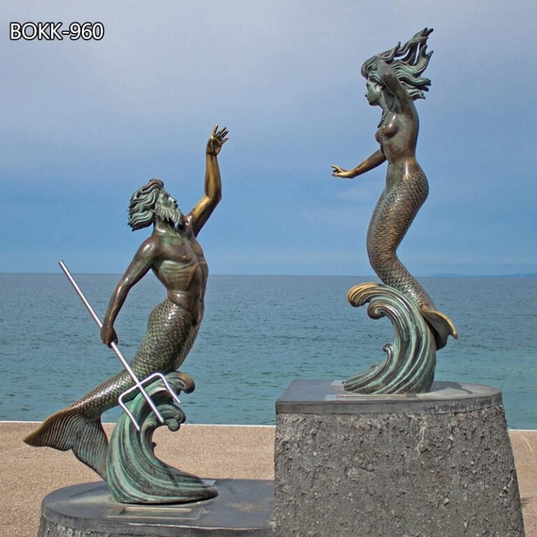 Greek Mythology Bronze Mermaid and Merman Triton and Nereida Statue for Seaside Decor