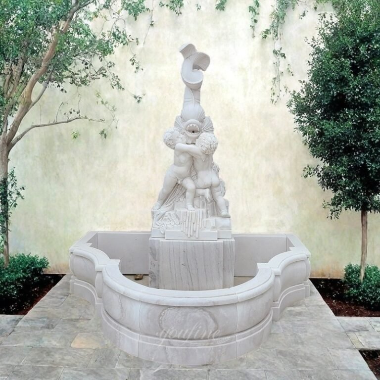 White Hand Carved Garden Marble Boy Holding Fish Wall Fountain