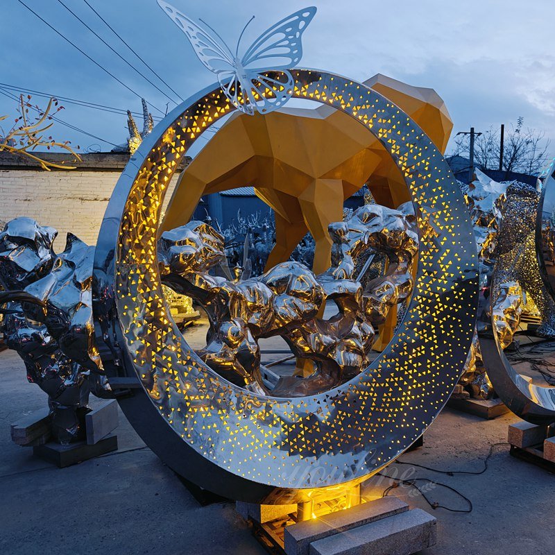 Hollow Ring Stainless Steel Sculpture with a Butterfly