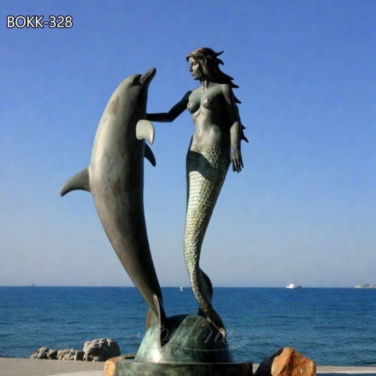 Large Standing Bronze Mermaid and Dolphin Statue