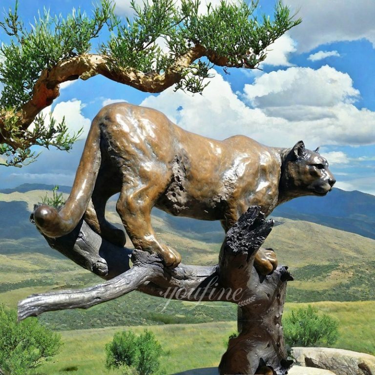 Large Bronze Mountain Lion Standing on the Tree Statue