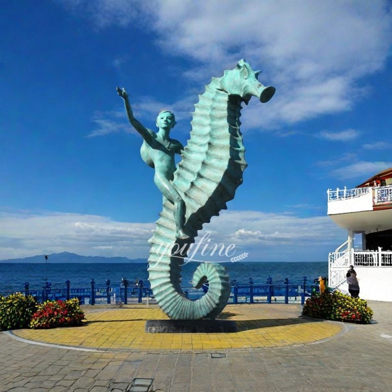 Large Bronze Seahorse Sculpture with Little Boy