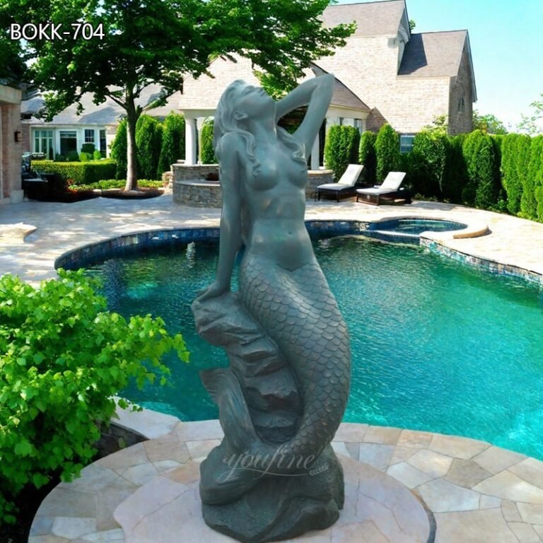 Large Bronze Mermaid Sitting on a Rock Statue