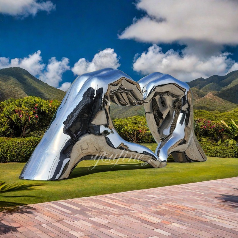 Large Metal Polished Heart Hand Sculpture