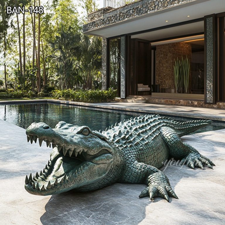 Large Outdoor Bronze Crocodile Sculpture with Opening Mouth