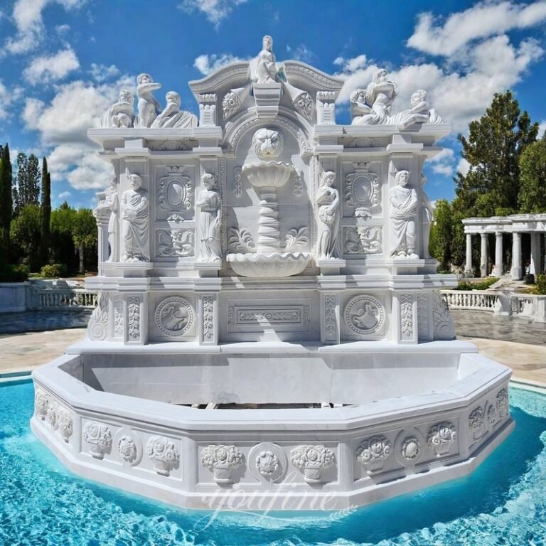 Large White Marble Wall Water Fountain with Statues