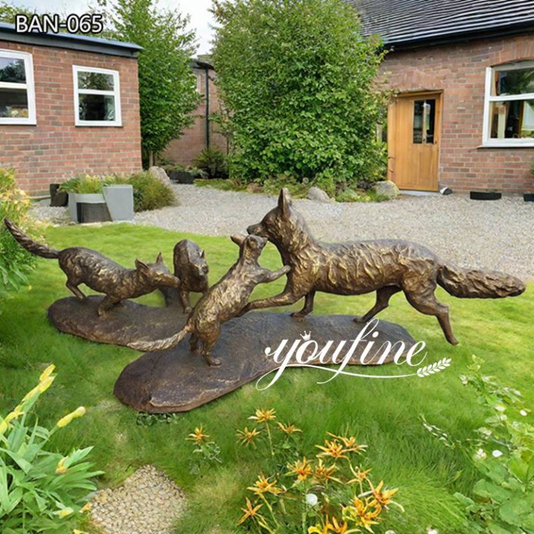 Life Size Bronze Fox Family Statue for Garden Decor (1)