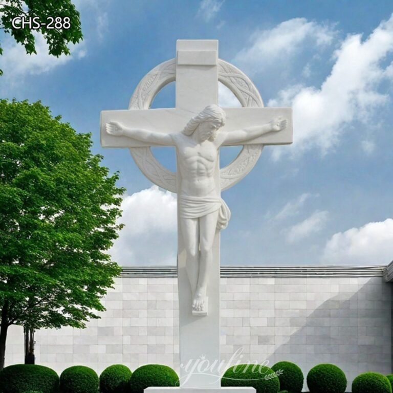 Life Size White Marble Jesus on the Cross Statue for Sale