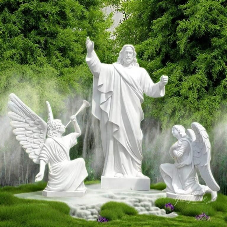 Life Size Stone Jesus Statue with Two Kneeling Angels for Outdoor Decor