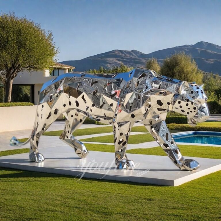 Mirror Polished Walking Metal Leopard Statue for Outdoor Lawn Decor