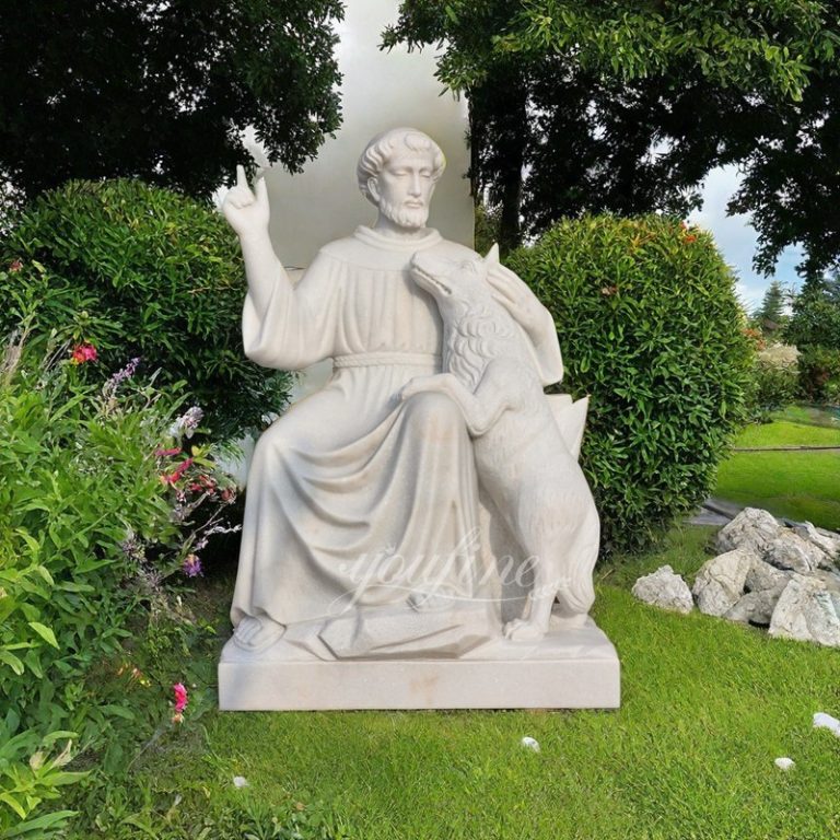 Outdoor Catholic Marble St Francis with Wolf Statue