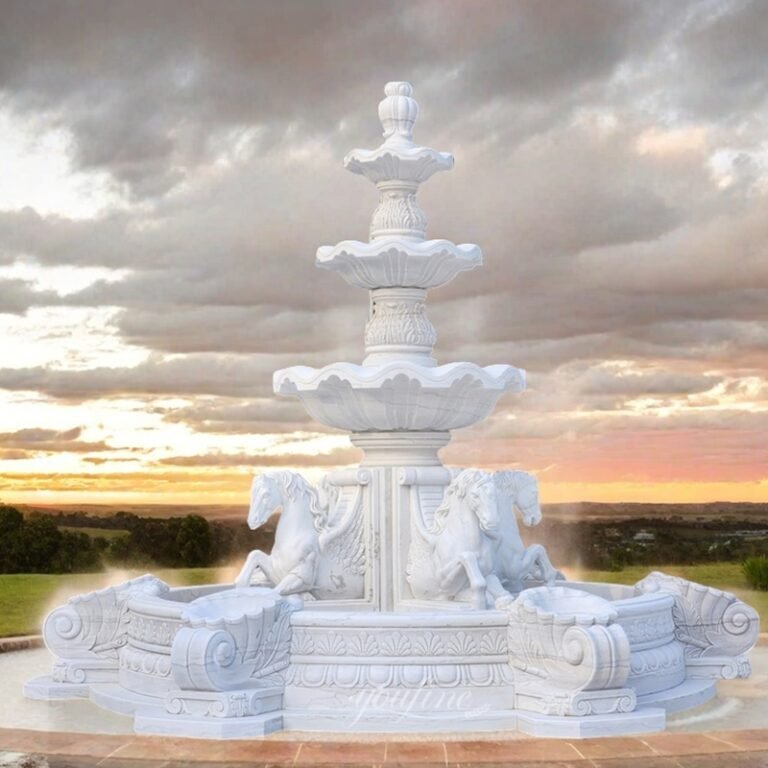 Large White Outdoor Marble Horse Water Fountain