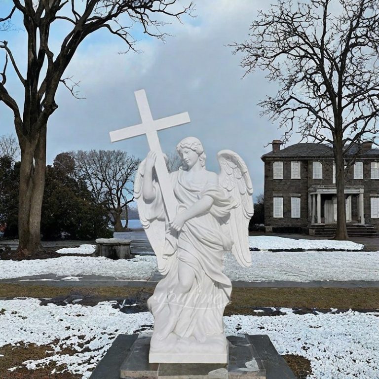 Outdoor White Marble Angel Sculpture with Cross