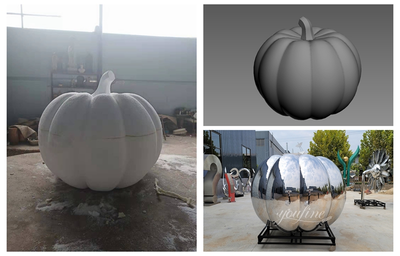 Picture display of stainless steel pumpkin from drawing to model to completion