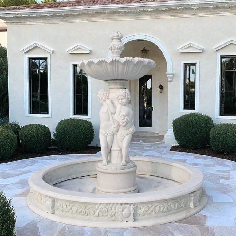 Outdoor Playful Children Fountain in White Marble