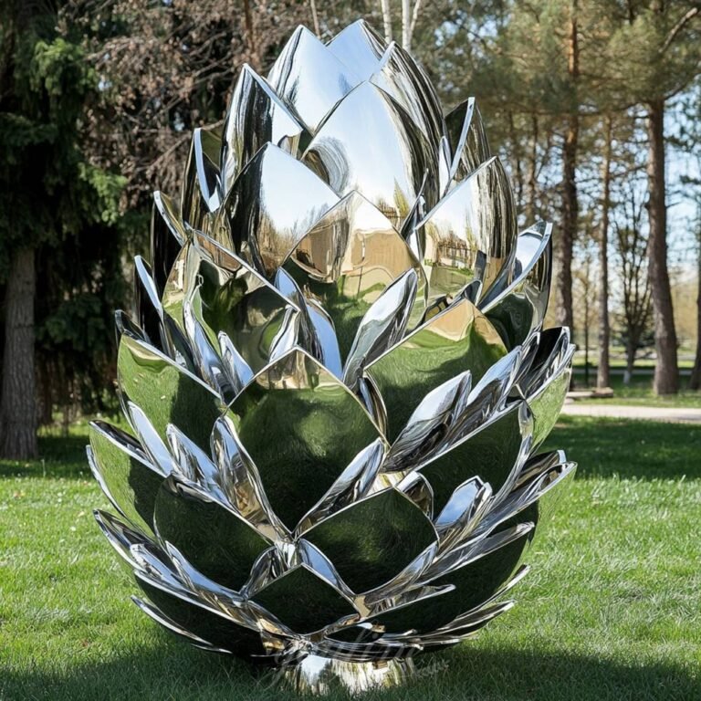 Large Polished Stainless Steel Metal Pine Cones Sculpture