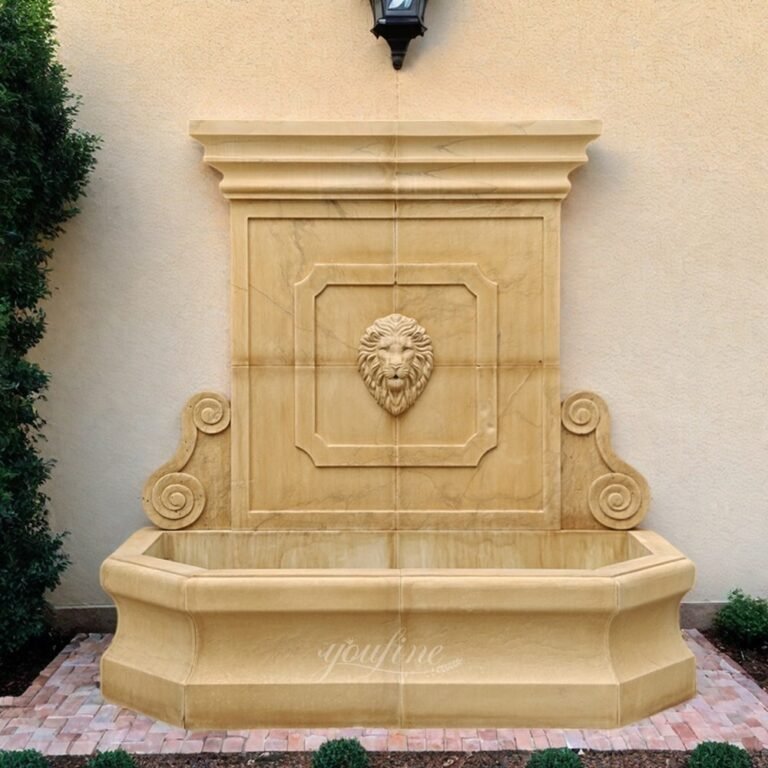 Retro Henan Yellow Marble Lion Head Wall Fountain for Outdoor Decor