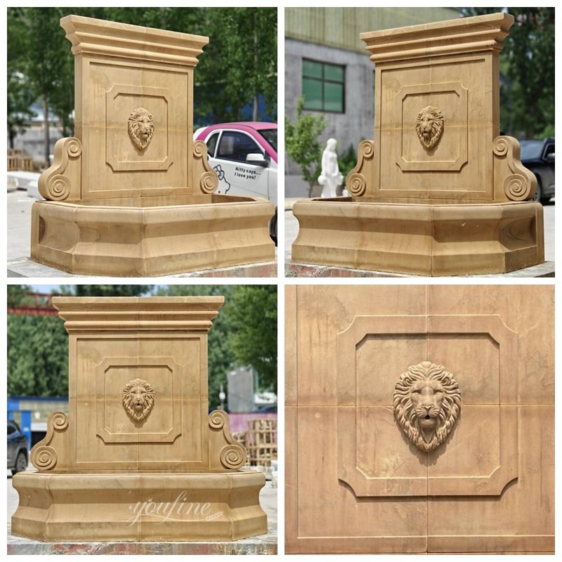 Retro Henan Yellow Marble Lion Head Wall Fountain Details