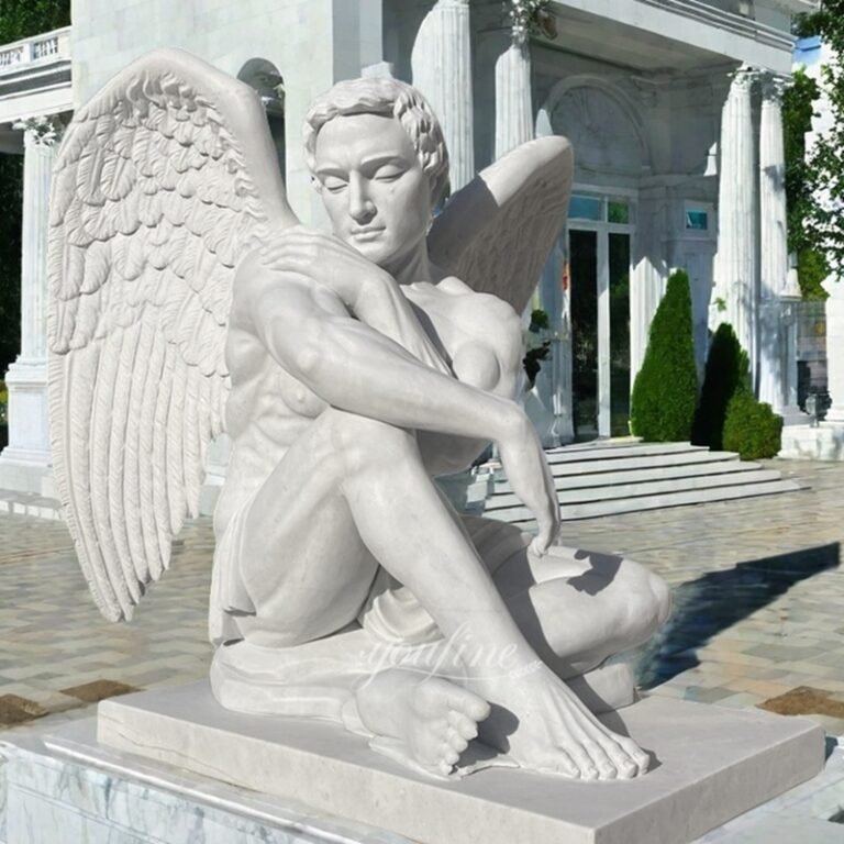 Life Size Outdoor Sitting White Marble Male Angel Statue