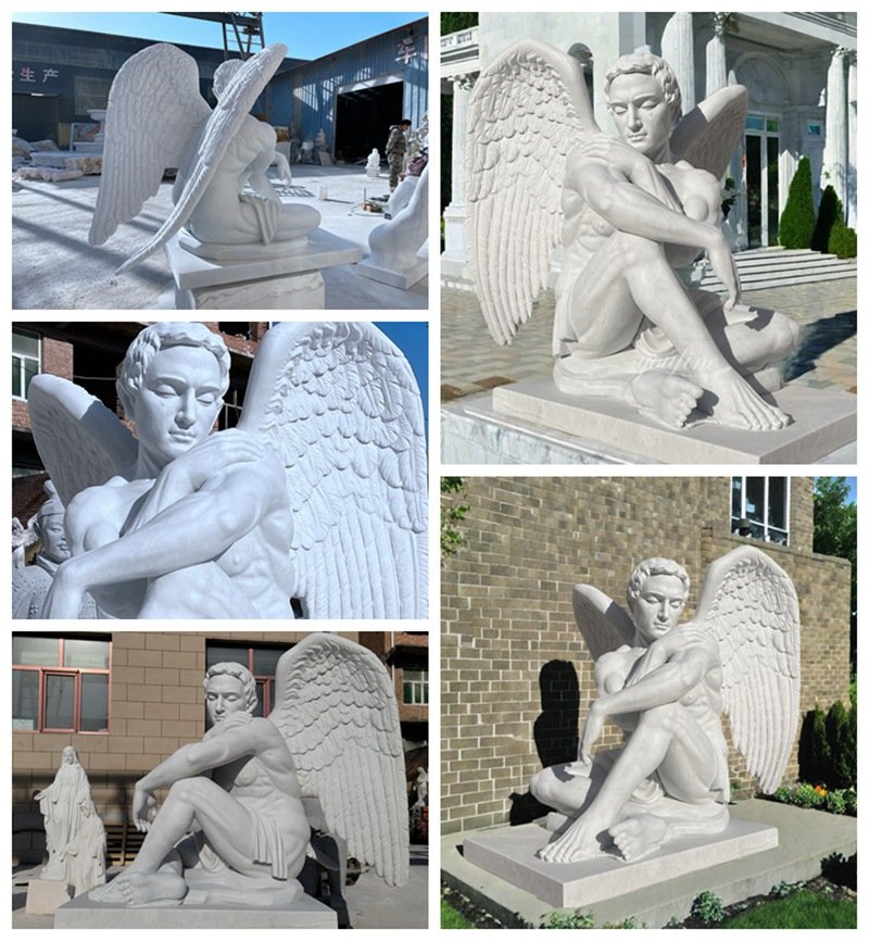 Sitting White Marble Male Angel Statue Details