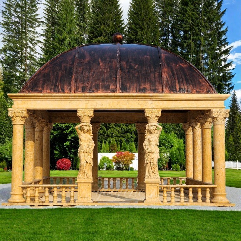 Square Henan Yellow Marble Gazebo with Female Statues for Outdoor Decor