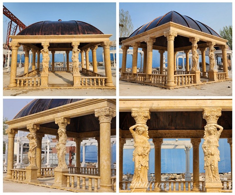 Square Henan Yellow Marble Gazebo with Statues Details