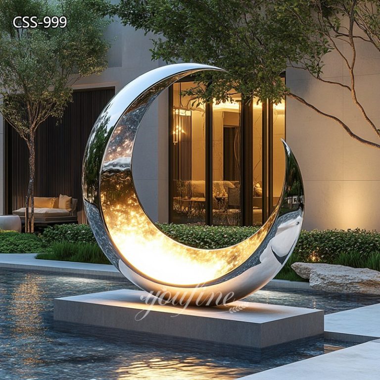 Stainless Steel Crescent Moon Sculpture with Light Decor