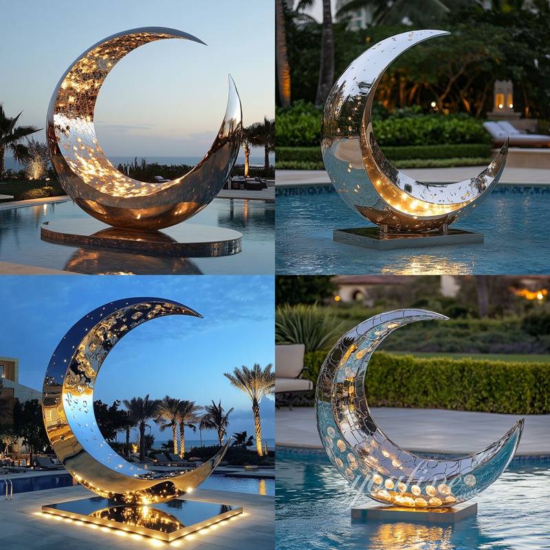 Stainless Steel Crescent Moon Sculpture with Light Decor