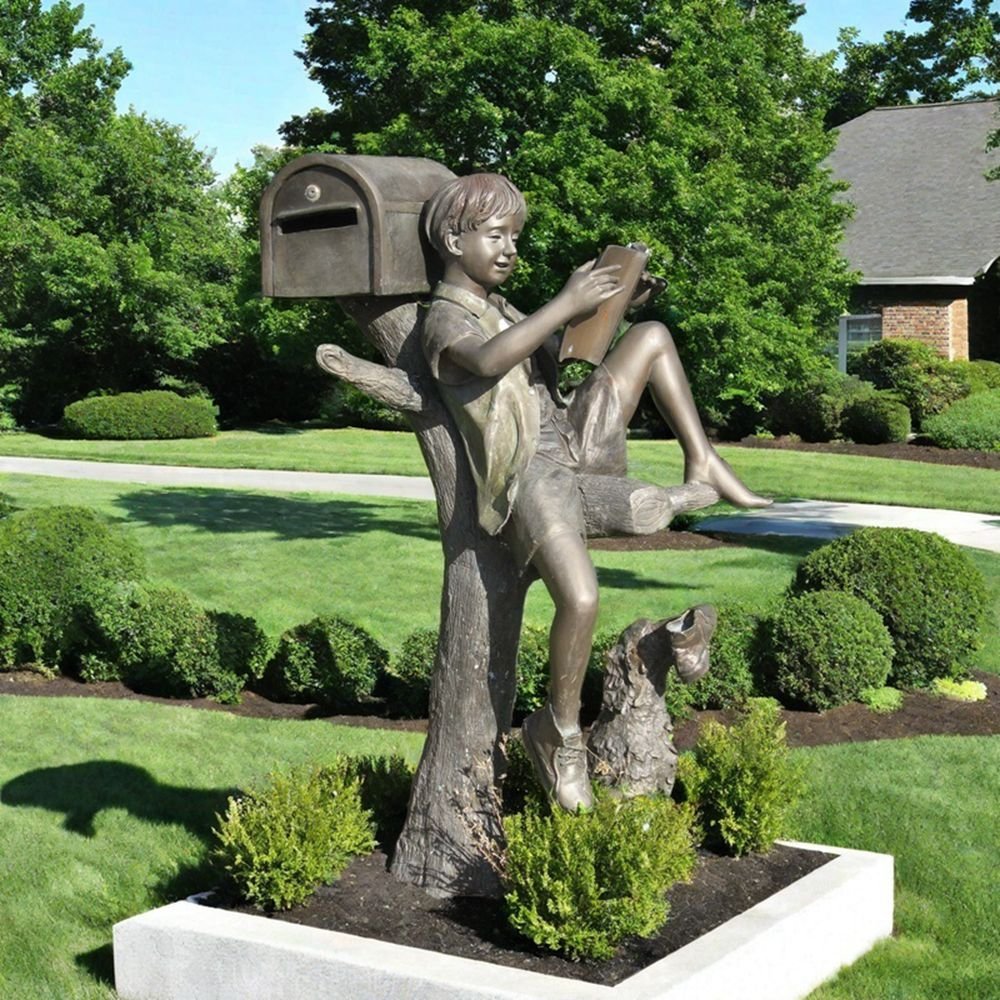 Bronze Statue of A Boy Reading A Book Leaning on A Mailbox for Outdoor Decor