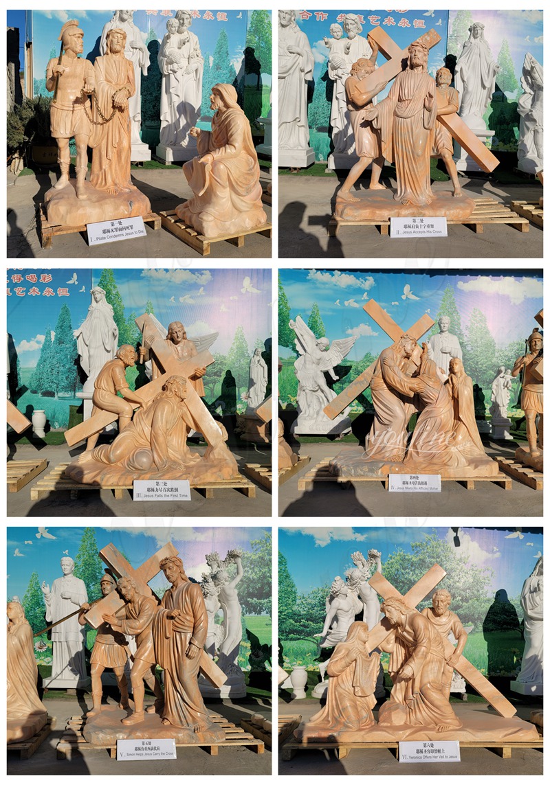 Sunset Red Marble Stations of the Cross Sculptures